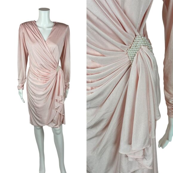 Vintage 80s Cocktail Dress Women's Small Baby Pink Gathered V-Neck Ruched Wrap